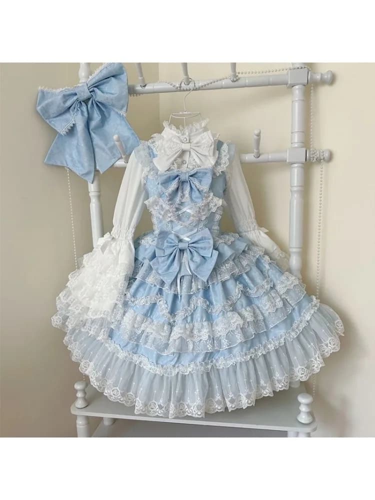 Y2k Japanse Lolita Jurk met lange mouwen en bandjes Kawaii Knielange dames elegante kanten strik patchwork baljurk zoet het hele seizoen