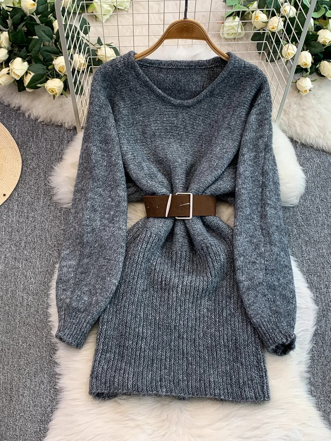 Amerikaanse zachte kleverige pluche jurk met V-hals voor dames herfst winter verdikte warme hoge taille slanke gebreide korte jurken met riem