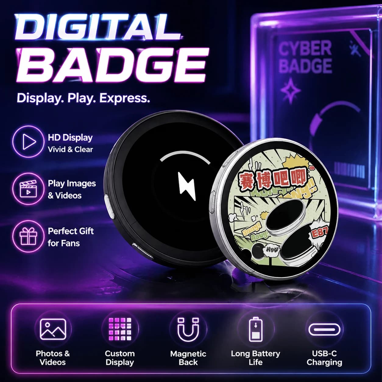 Anime E-Badge Display Pin 1,7 inch touchscreen LED-knop Touchscreen fotolijst met video afspelen Dropshipping