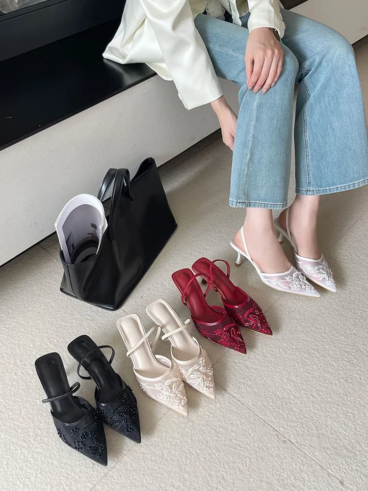 Mode Mesh Borduren Vrouwen Pompen Hakken Schoenen Vrouwelijke Puntschoen Slingbacks Party Bruiloft Dames Hakken Schoenen Nieuw In 2026 dame
