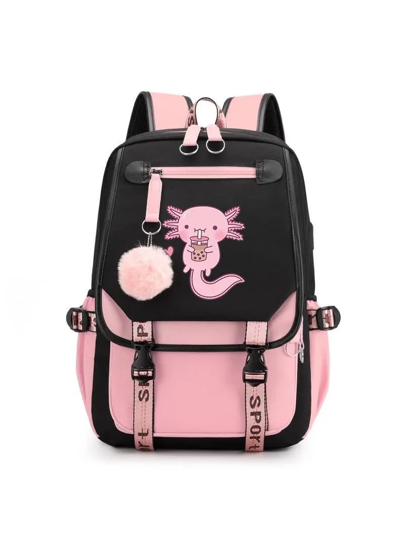 Leuke Axolotl Cartoon Patroon Rugzak Tiener Casual Outdoor Straat USB Rugzak Anime Axolotl Rugzakken
