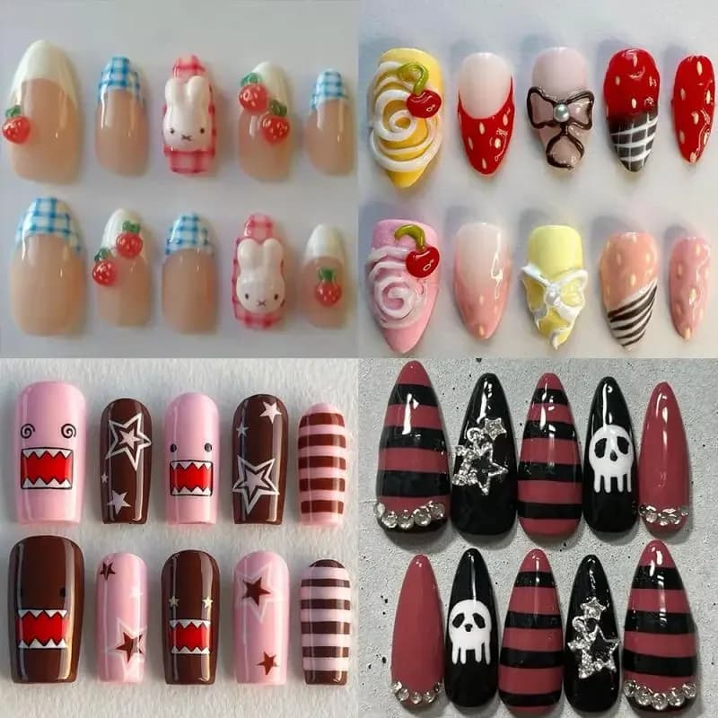 10 stuks handgemaakte 3D cartoon konijn boog aardbei kersenbloemen Franse nepnagels Kawaii kat vis lange amandel nagel partij sticker