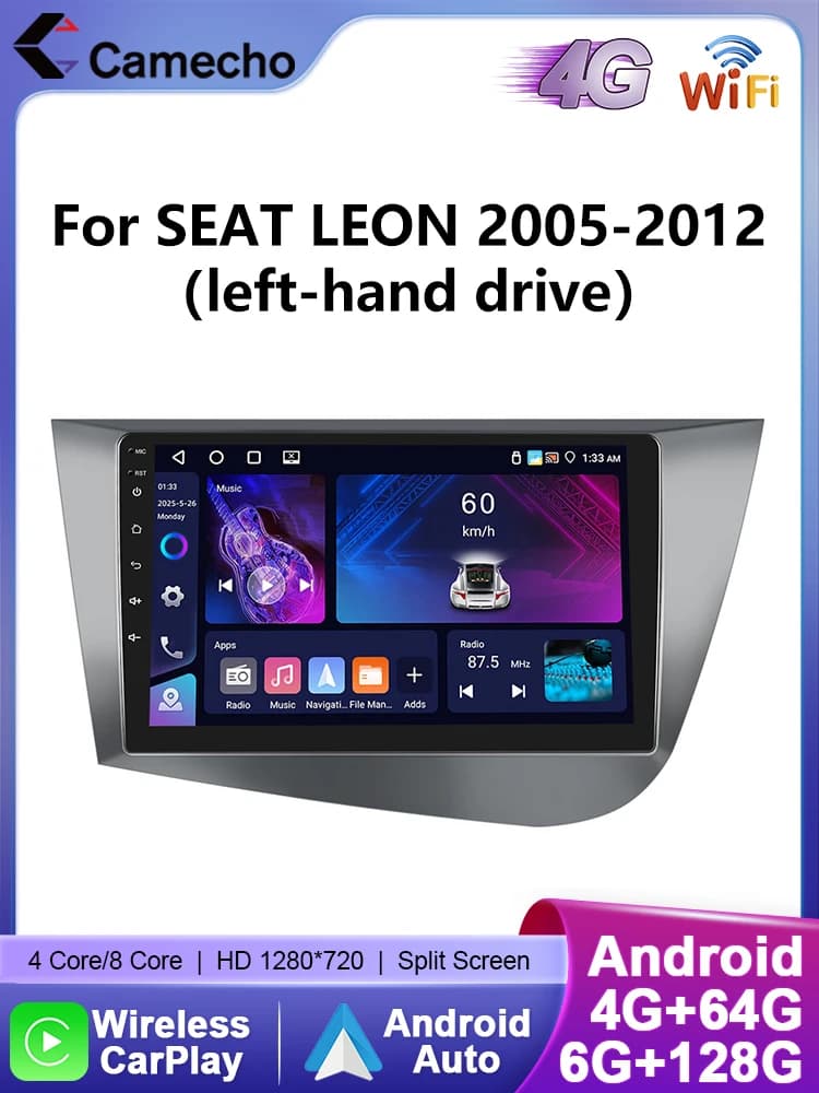 Camecho 6 + 128G Autoradio Voor SEAT LEON 2005-2012 (LHD) draadloze CarPlay Android Auto Intelligente Systemen 2 Din Autoradio GPS