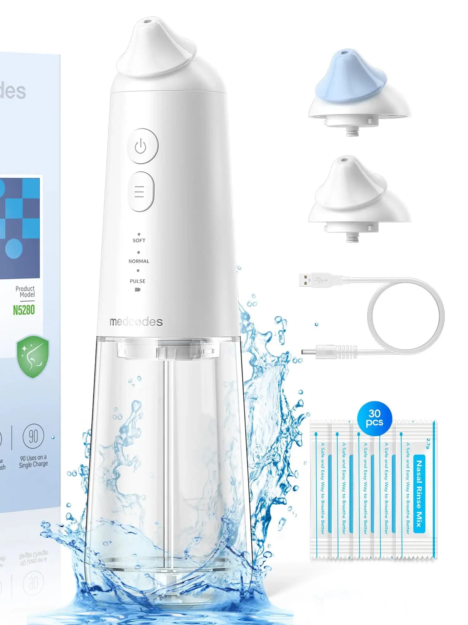 Pulsatieve sinusdouche, voor sinusverlichting & neusverzorging, elektrische neti pot neusreiniger met 30 zoutpads neusdouche set