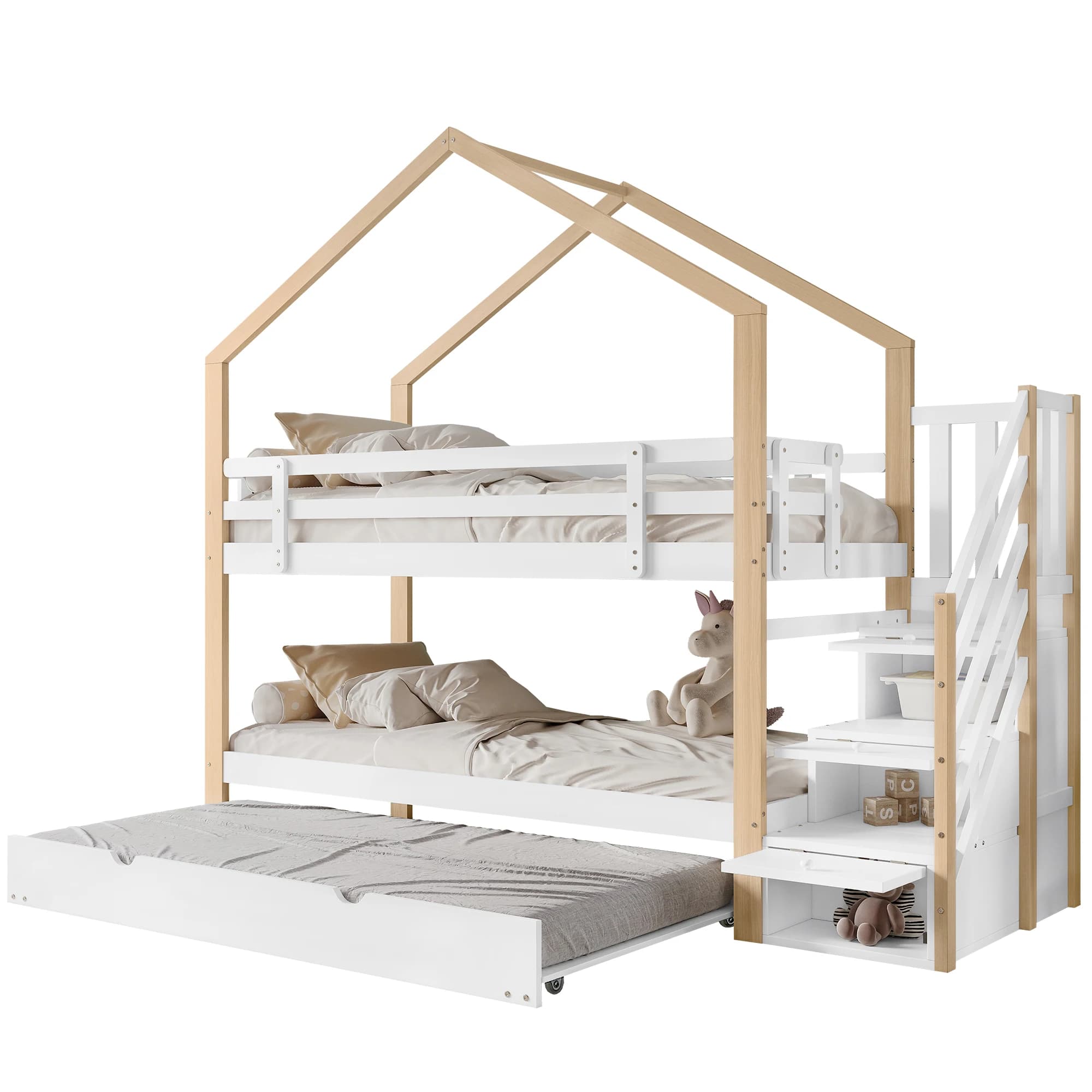 Comanlai houten huisvormig stapelbed met opbergtrap en uitschuifbed, wit/natuurlijk hout, veiligheidsleuningen, drieënbed
