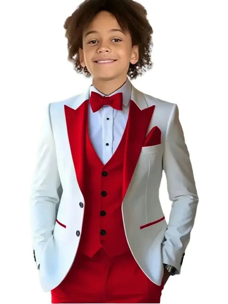 Jongen kostuum 3-delig kind witte jas sets rood vest broek bloem jongens formeel feestpak kinderen trouwpak smokings