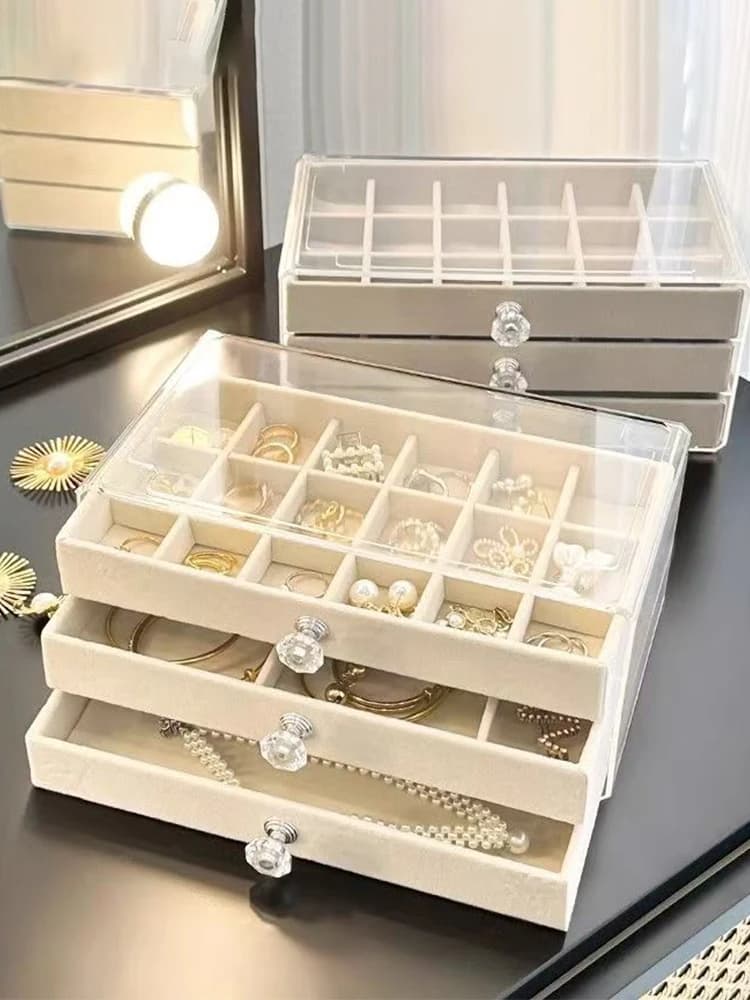Acryl sieradendoos 3 laden, fluwelen sieraden organisator, oorbel ringen kettingen armbanden vitrine cadeau voor vrouwen, meisjes