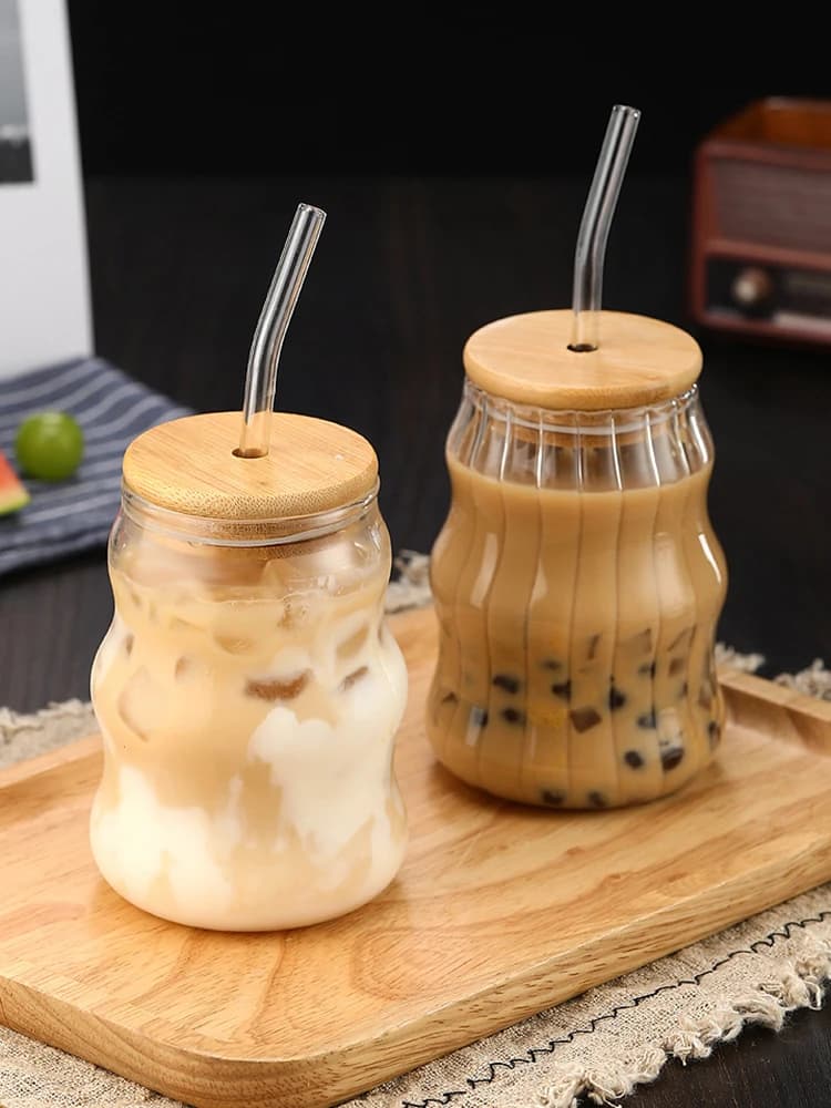 YWDL 1/2 stuks 500ml Glazen Tumblers Bekers Met Stro Mason Jar Clear Sap Koffie Melk Cup Met Bamboe Deksels drinkware