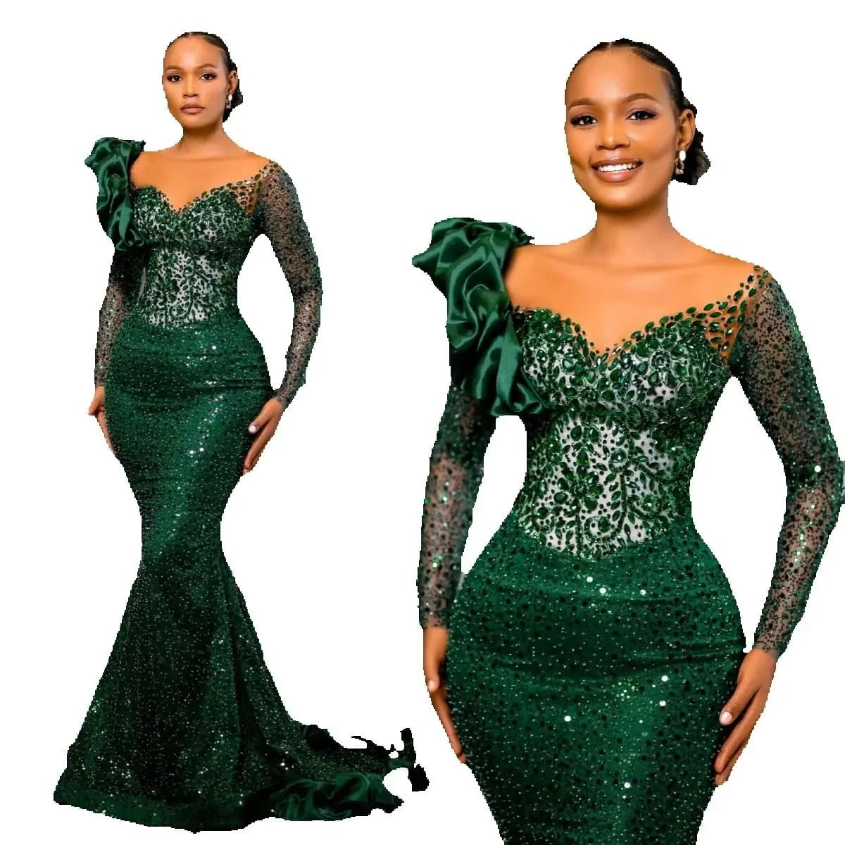 Elegante groene glitter zeemeermin avondjurk kant lange mouw glanzende kralen verjaardag baljurk maatwerk