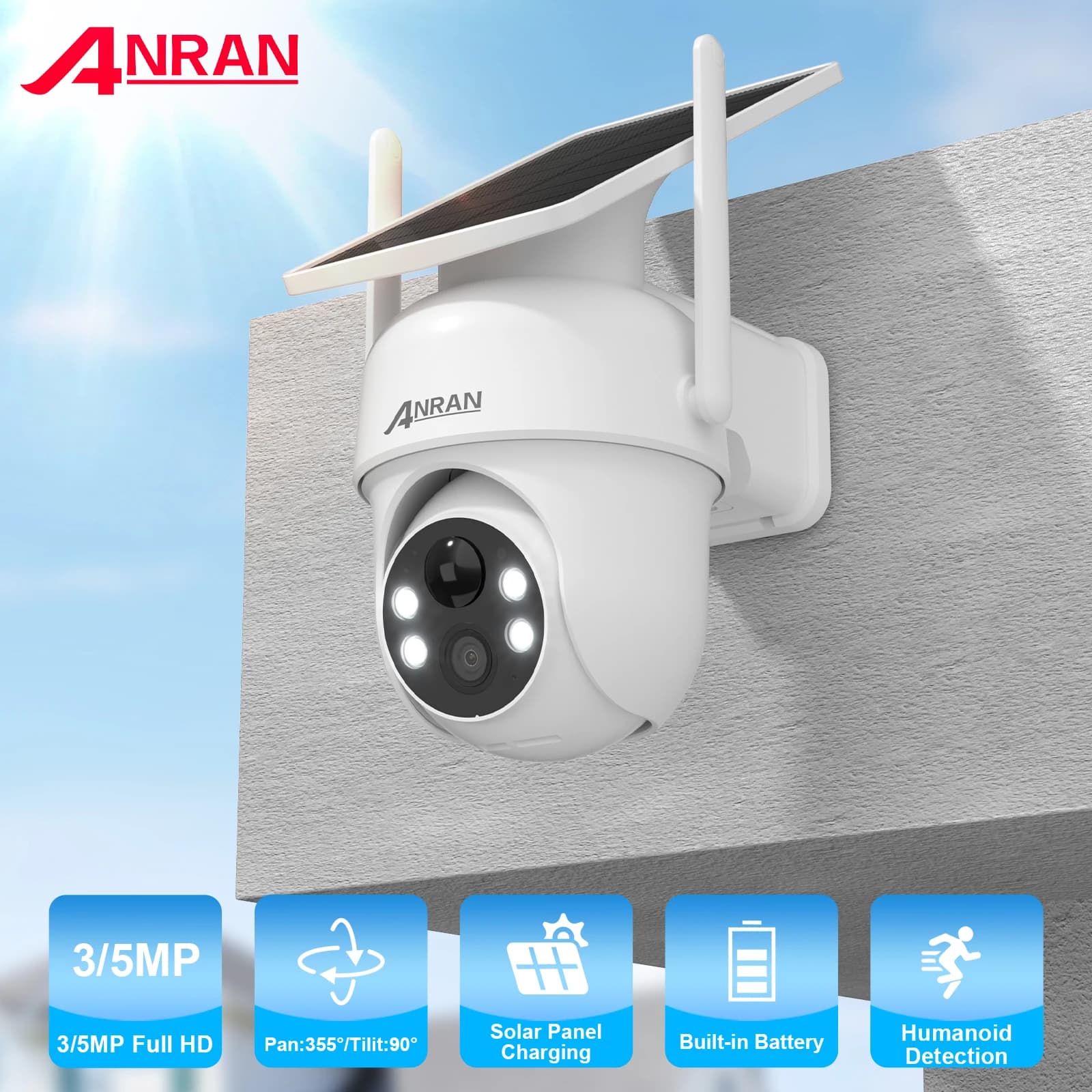 ANRAN 2K 3/5MP Solar Camera 2.4G Wifi Surveillance Beveiligingscamera's Thuisbescherming Sloar Batterijcamera's PIR Humanoïde detectie