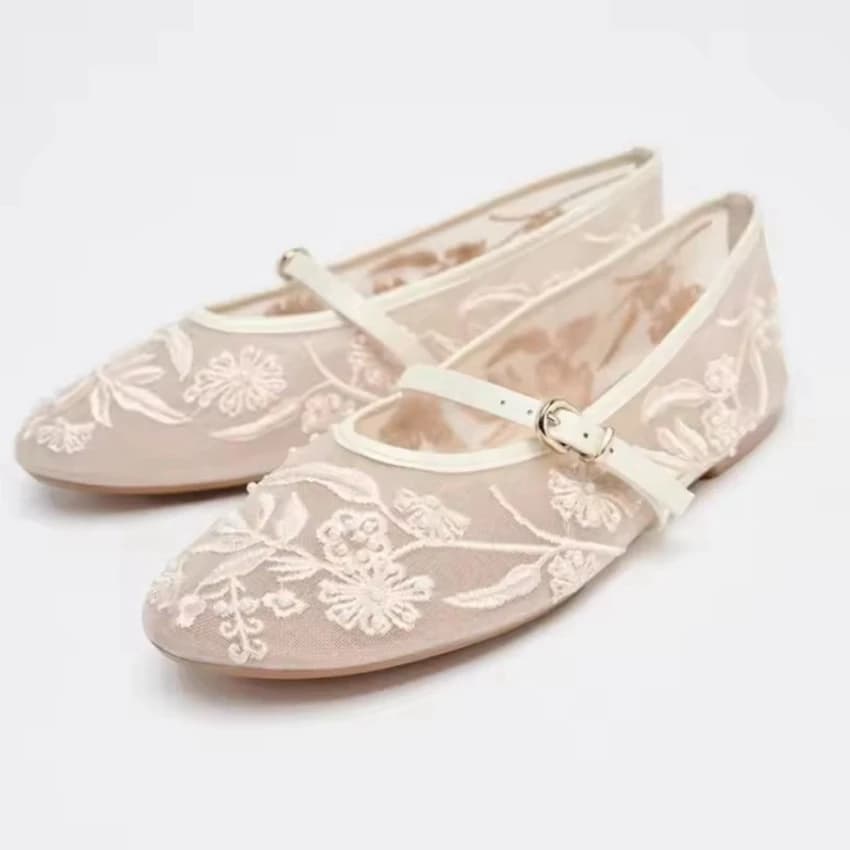 Borduren Parel Mesh Ballet Flats Damesmode Holle Ronde Neus Platte Sandalen Elegante Comfortabele Riem Gesp Mary Jane Schoenen