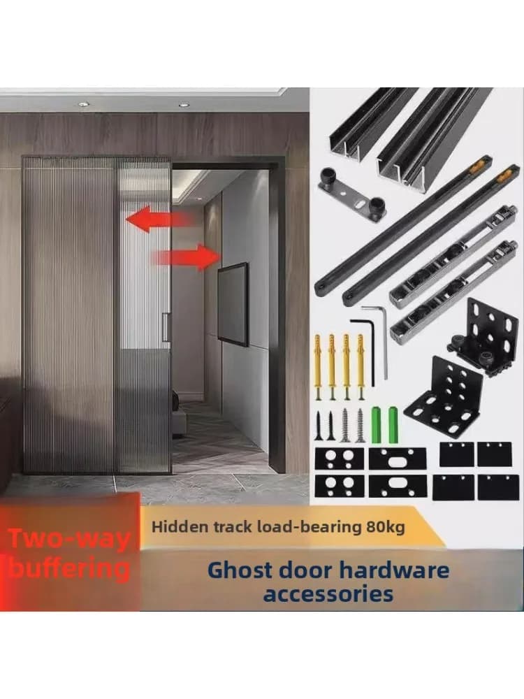 Ongebaande spookdeur Onzichtbare baan Aluminium frame schuifbeslag Tweerichtingsbuffer Houten frame Deurschuifbeslag Huis Tuin