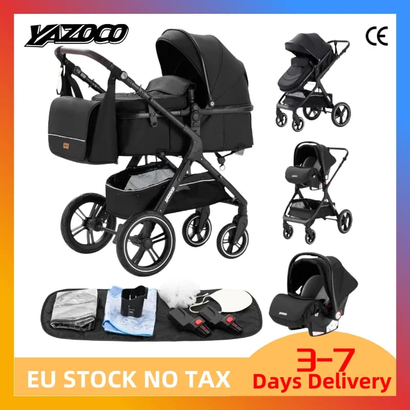 Multifunctionele 3-in-1 babywandelwagen met autostoeltje en slaapmandje, lichtgewicht kinderwagen, compact opvouwbare kinderwagen