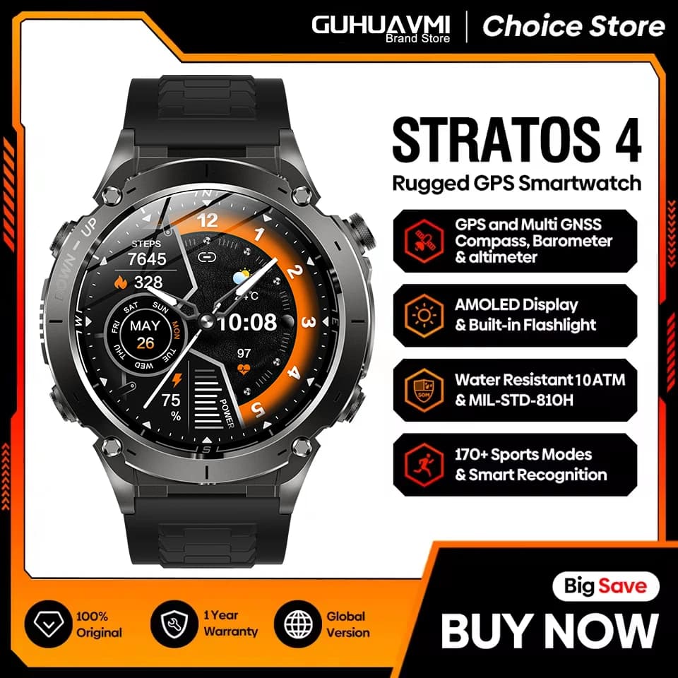 2025 Nieuwe echte Stratos 4 GPS Smartwatch 1.43 "AMOLED HD Scherm Kompas Barometrische Hoogtemeter Zaklamp Spraakoproepen SmartWatch