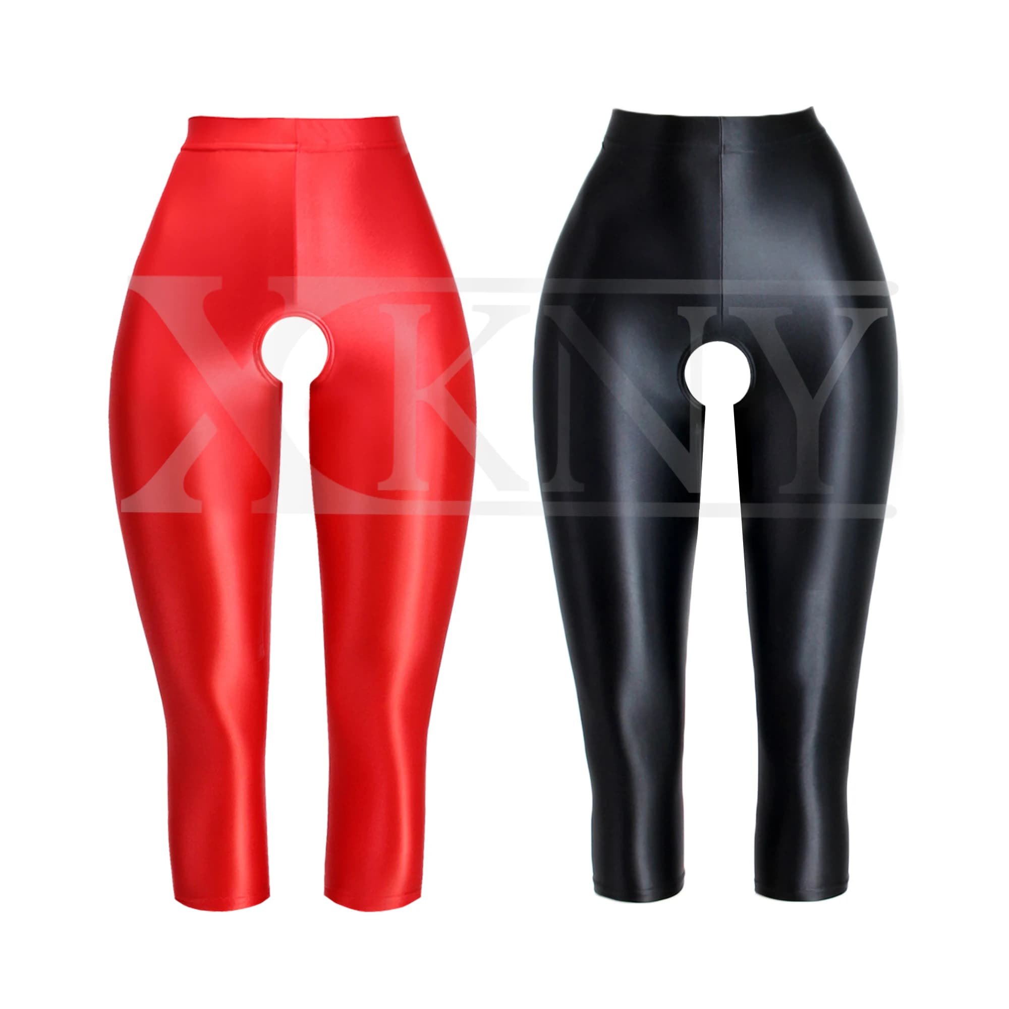 XClocKNYoung satijnen glanzende broek slanke hoge elastische yoga-zwemsportbroek met 7-punts lengte satijnen glanzende broek met open kruis