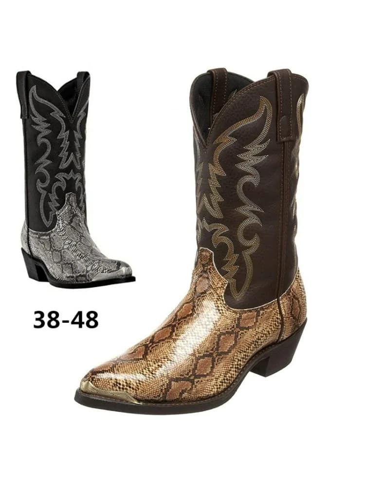 Retro herenlaarzen Halfhoge laarzen met slangenpatroon Geborduurde westerse cowboylaarzen Laars met puntige neus Unisex Grote maten winterschoenen
