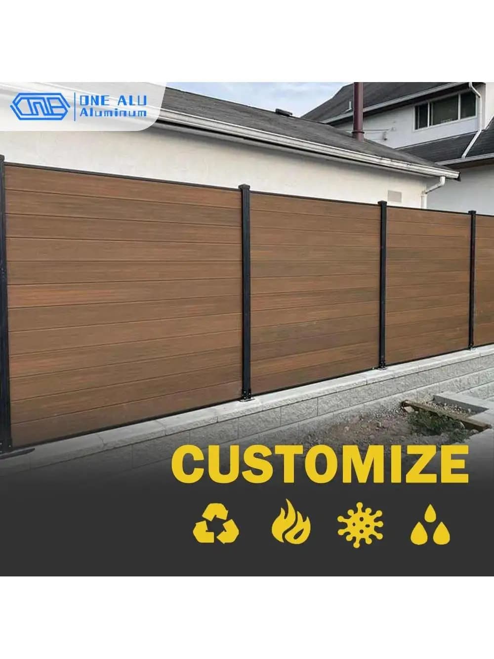 Modern houten aluminium schutting met houtnerfstructuur, waterdicht, voor buiten, tuin, privacy scherm, volledig of gedeeld, volledig afgesloten poort