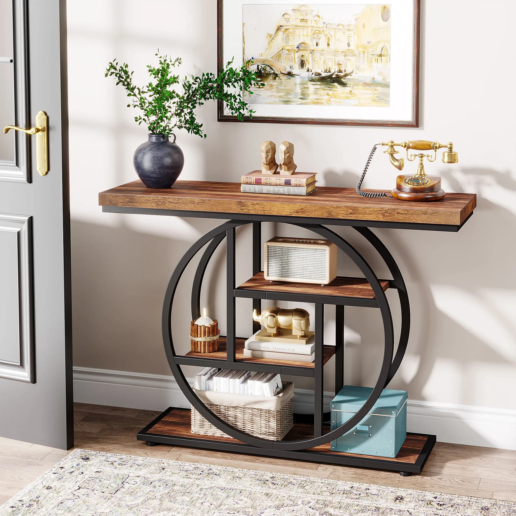 Tribesign consoletafel, 4-laags entreetafel, 105 cm industriële banktafel voor woonkamer, foyerhaltafel voor entree