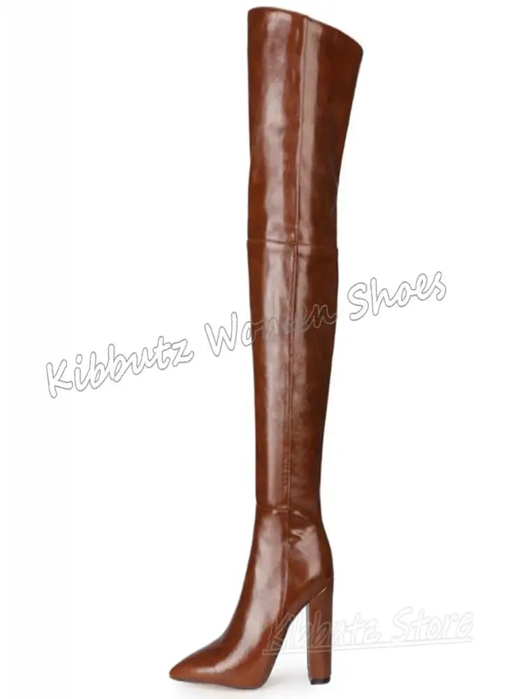 Kniehoge laars lederen instapper effen kleur mode luxe elegante beknopte sexy pittige meisjesschoenen nieuwste puntige neus dikke hakken