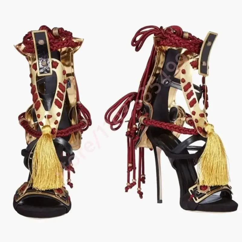 2025 Retro zomer dames kwastje catwalk stiletto's luxe feest open teen casual sandalen rood touw gevlochten mode sandalen