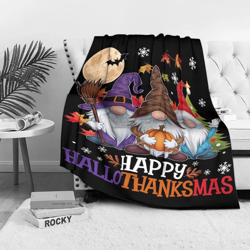Hallo Thanksmas fleecedeken, 3-in-1 vakantiedesign met kabouterpersonage, Halloween Thanksgiving Christmas Fusion Decor