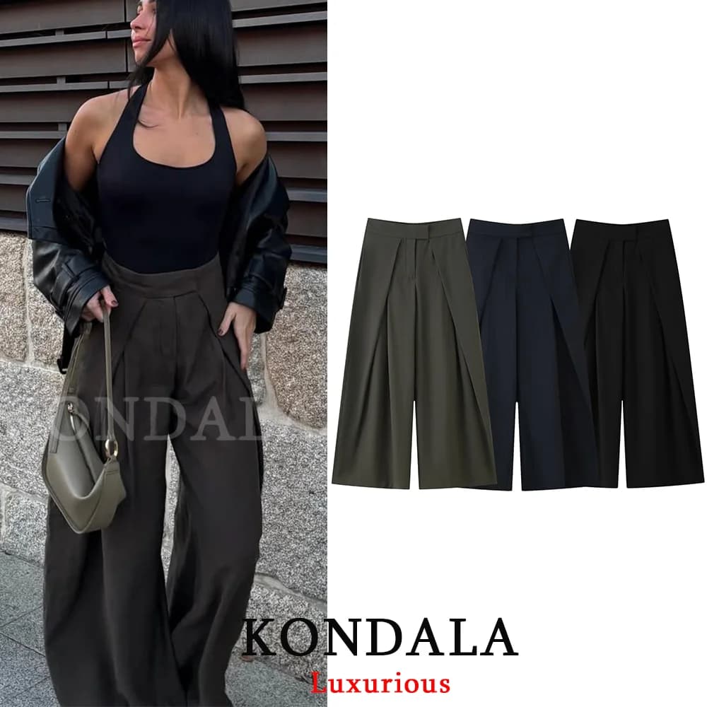 KONDALA Casual chique wijde pijpen broek dames kantoor dame zakken geplooide lange broek mode 2026 lente zomer streetwear broek