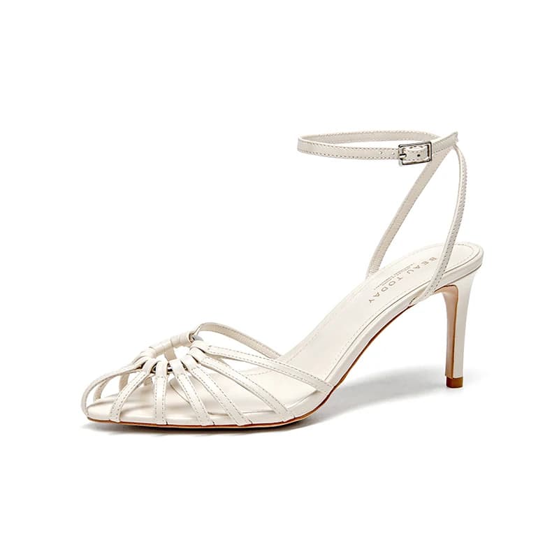 BEAUTODAY Elegante Sandalen Vrouwen Schapenvacht Effen Kleur Cut-out Open Teen Hoge Hak Enkelbandje Pompen Dames Schoenen Handgemaakte MS3D043