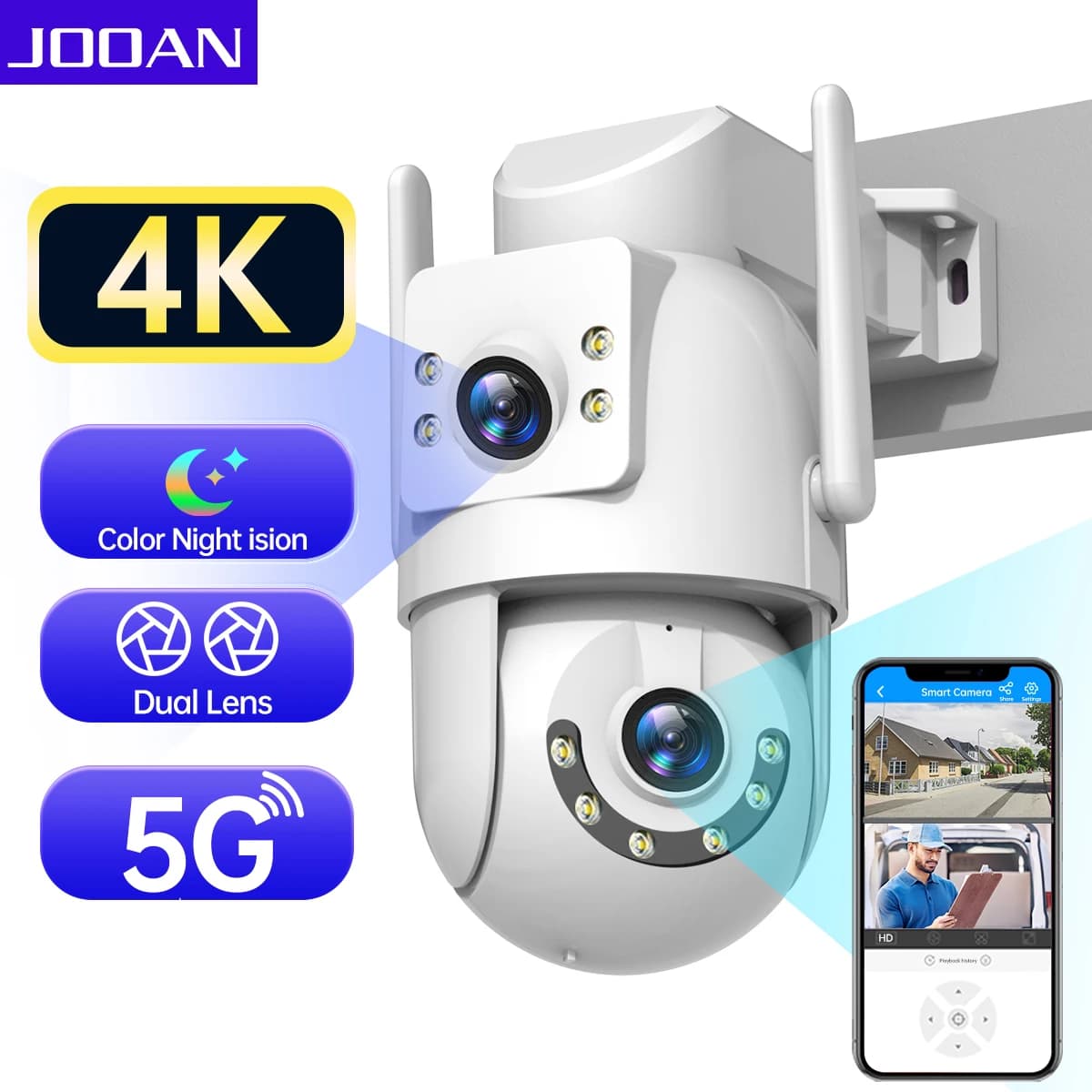 Jooan 4K 8MP HD Wifi PTZ-camera Buiten 5G Wifi Dual Lens Beveiliging IP-camera's 5X Zoom AI Tracking ONVIF CCTV-bewakingscamera