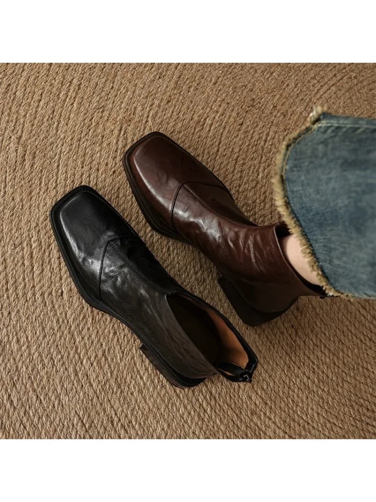 Damesschoenen met lage hak en vierkante neus 2025, herfst en winter, nieuwe blokhak, veelzijdige comfortabele kleine laarsjes