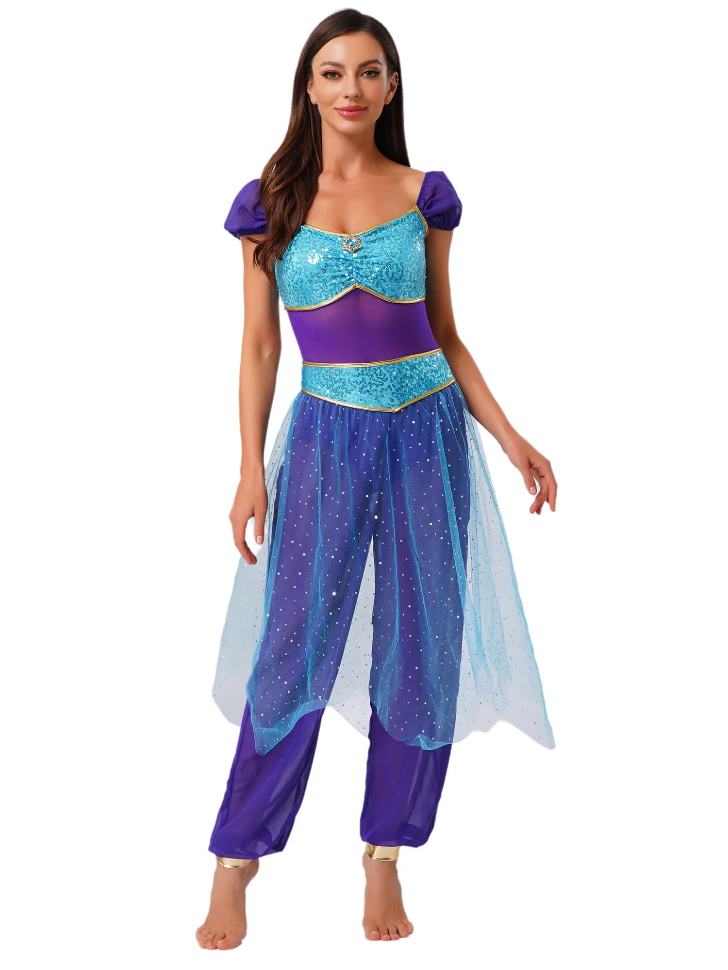 Womens Arabische Prinses Jasmijnen Jumpsuit Halloween Cosplay Kostuum Carnaval Indiase Buikdans Lovertjes Overlay Tule Rompertjes