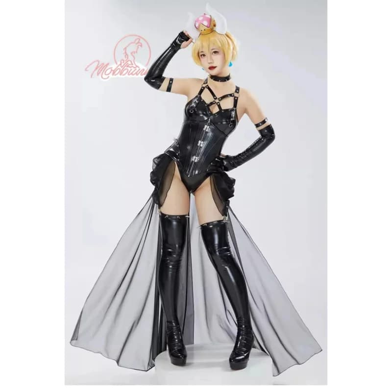 Bowsette Cosplay Kostuum Anime Marios Volwassen vrouwelijke sexy zwart lederen jumpsuit hoofdband ketting set Halloween uniform
