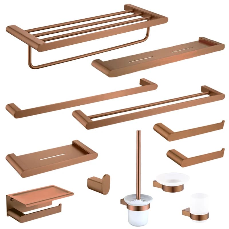 Accessoireset van geborsteld roségoud, aan de muur gemonteerde kledinghaak van roestvrij staal, toiletrolhouder, handdoekbeugel, badkamerbeslag
