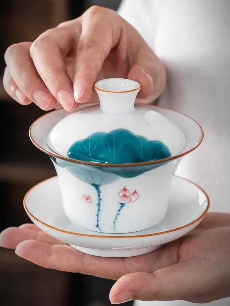 Jingdezhen-porseleinen theeset, keramische theekopjes en schoteltjes, handbeschilderde lotus, reizen, gemakkelijk Gaiwan, porseleinen beker, servies