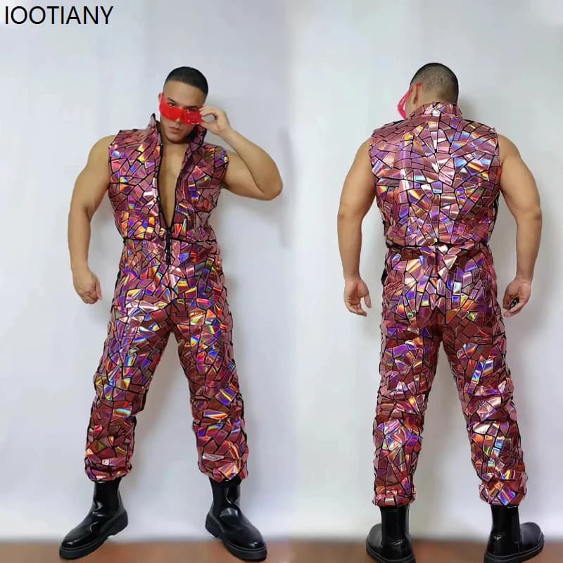 Mannen laserspiegel mouwloze jumpsuit hiphop danser groep pailletten bodysuit vakantie feest nachtclub bar gogo spiegel kunstmatige set