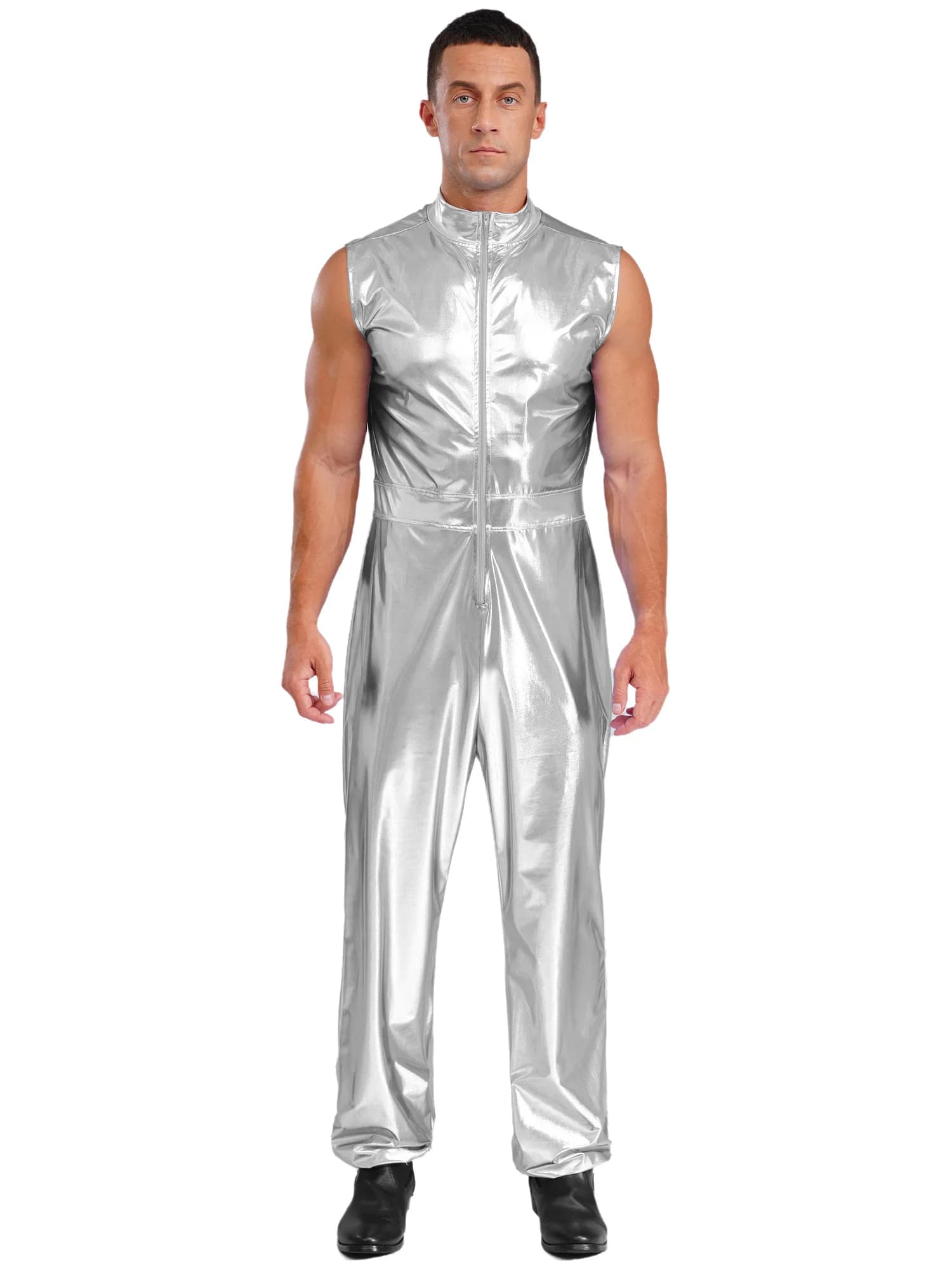 Mannen Metallic Zilver Alien Astronaut Cosplay Prestaties Jumpsuit Mode Mouwloze Losse Broek Rompertjes voor Carnaval Party Pak