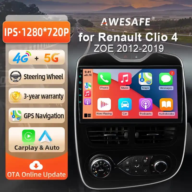 AWESAFE 10 inch Android autoradio voor Renault Clio IV Clio 4 2012-2019 met draadloze CarPlay & Android Auto, GPS navigatie, multimedia ondersteuning,