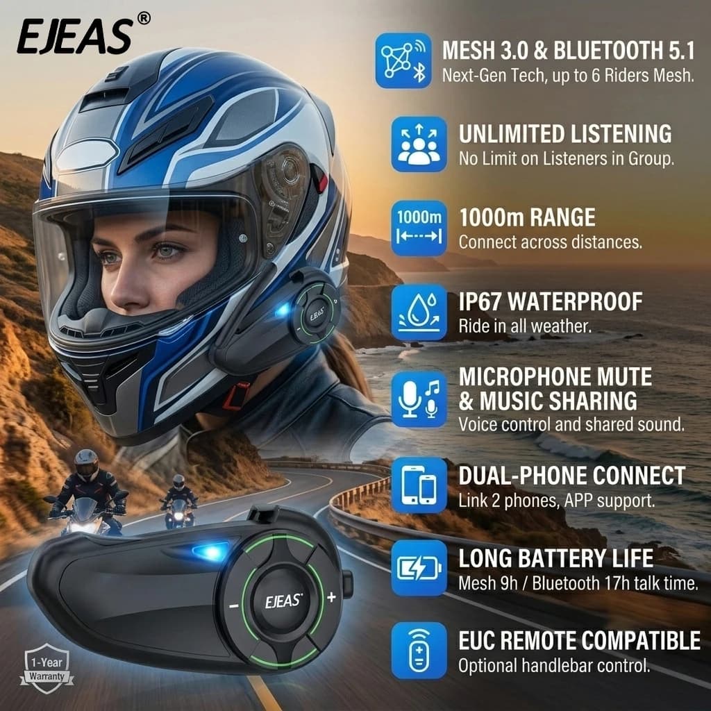 EJEAS Q8 motorhelm intercomsysteem, Bluetooth 5.1 helm bluetooth oortelefoon, IP67 helm draadloze oortelefoon helmspeakers helm bluetooth helm,