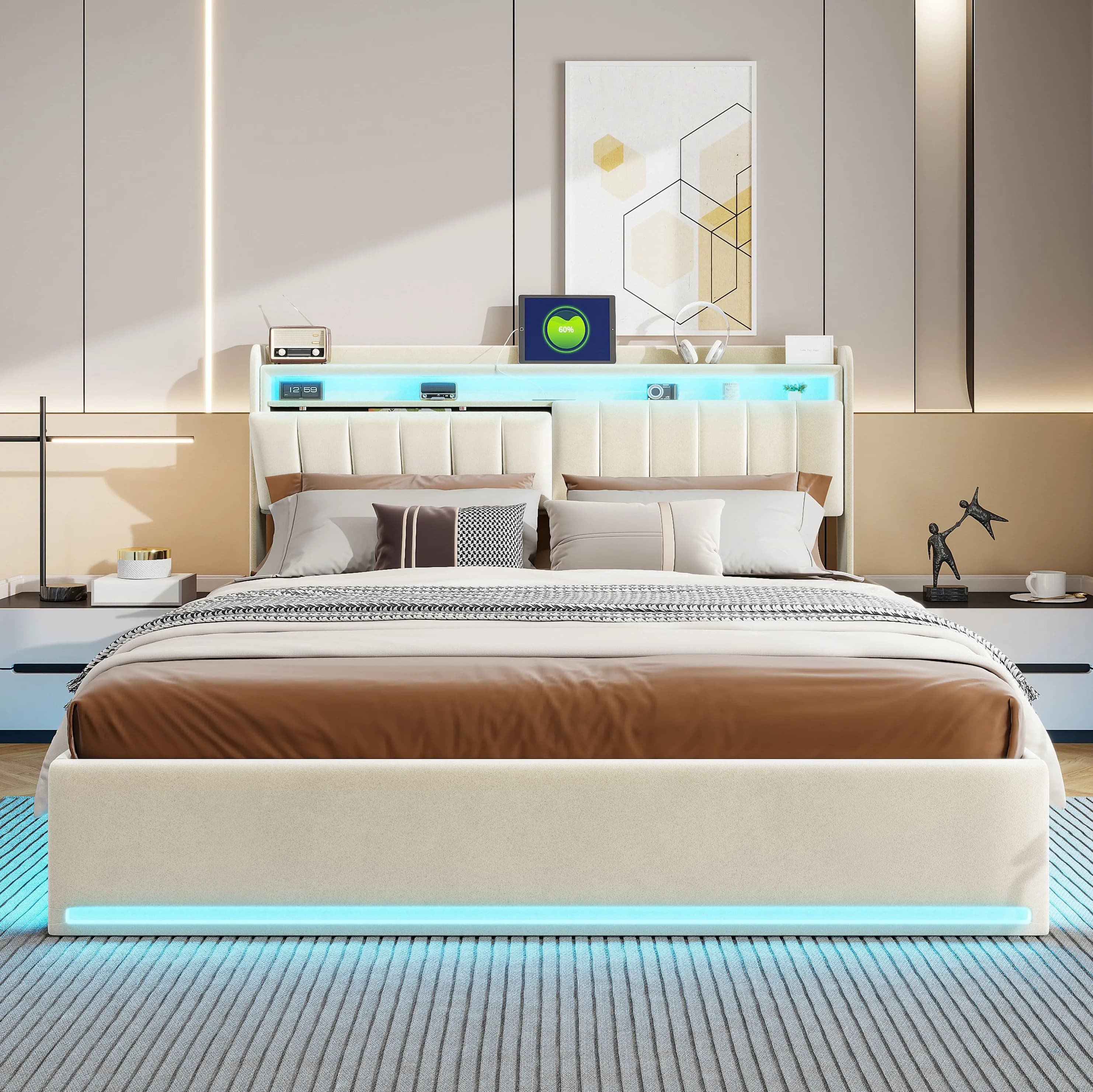 Roshanda Tweepersoonsbedframe 90-140-160*200 cm LED USB Opberghoofdeinde 140*190cm Opvulling bed Hydraulisch Functioneel bed Fluweel