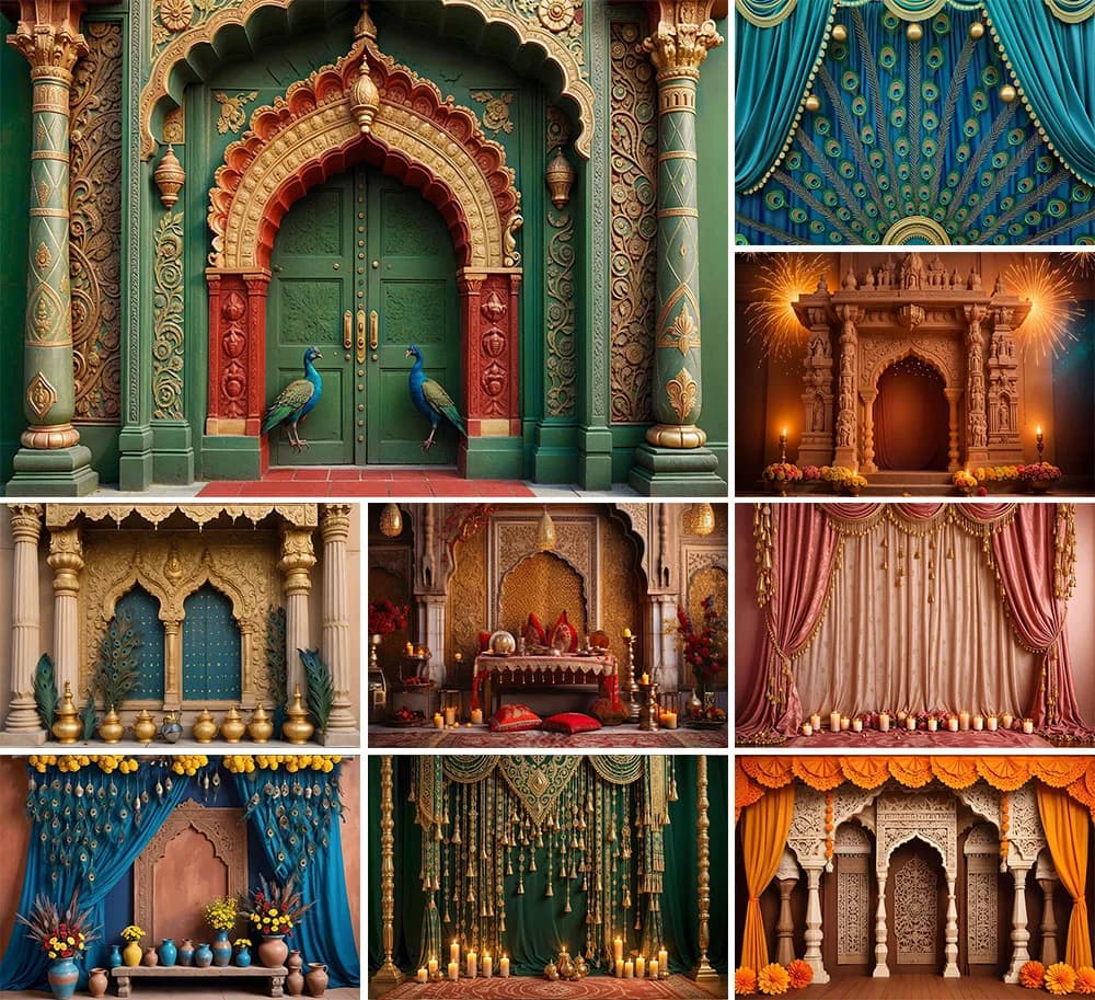 Mehofond Fotografie Achtergrond Indiase Stijl Paleis Pauw Boog Deur Volwassen Verjaardag Bruiloft Portret Decor Achtergrond Foto Studi