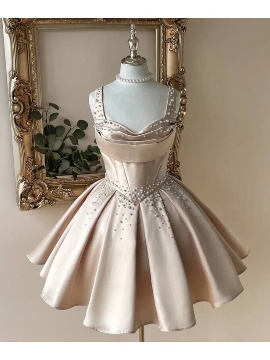Op maat gemaakte moderne stijl charmeuse plooi-parel-pailletten A-lijn sweetheart mini Quinceañera avondjurken mode