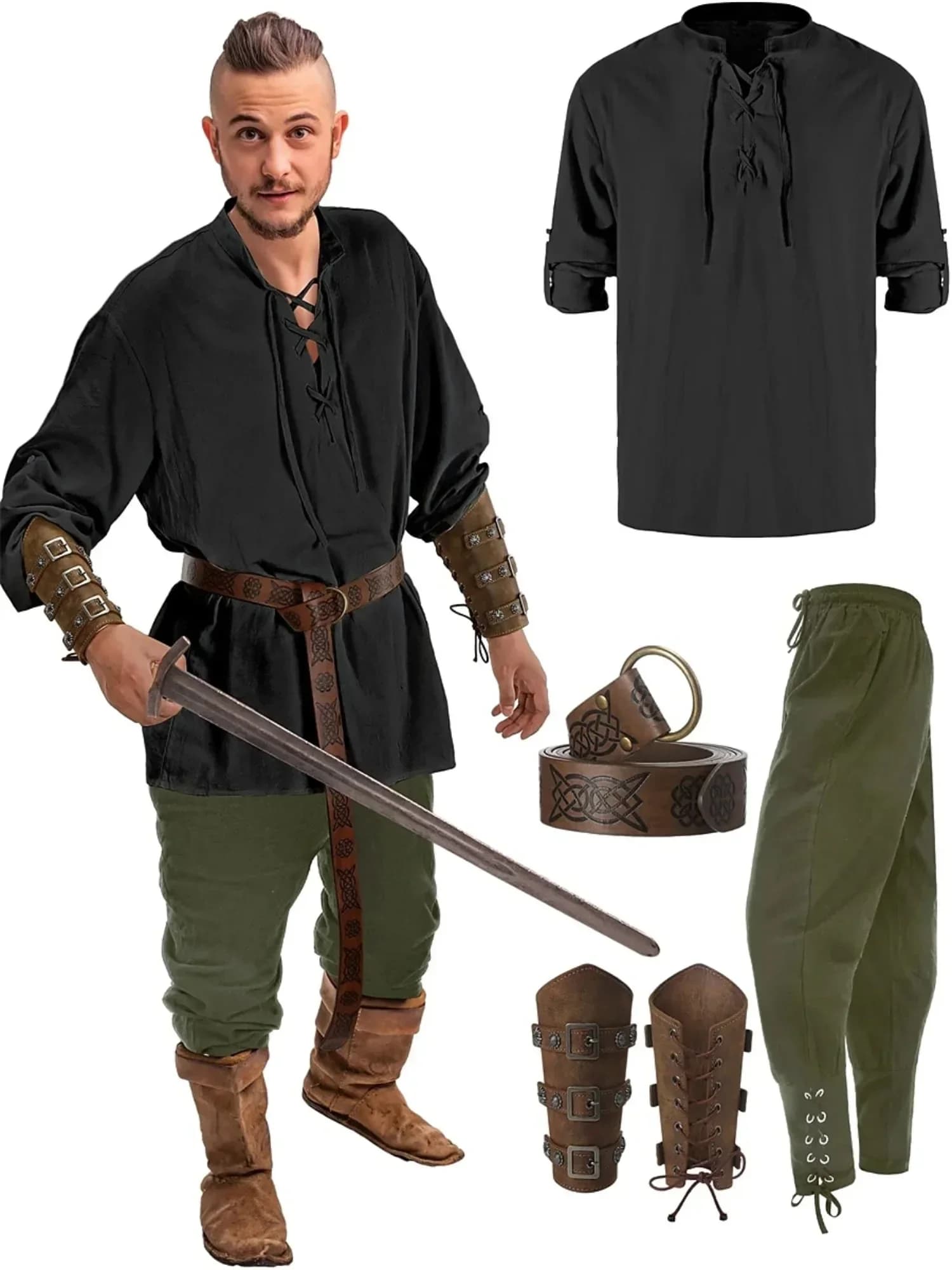 Retro Vintage middeleeuwse Renaissance broek outfits taille riem shirt armbeschermers piraat heren cosplay kostuum Halloween
