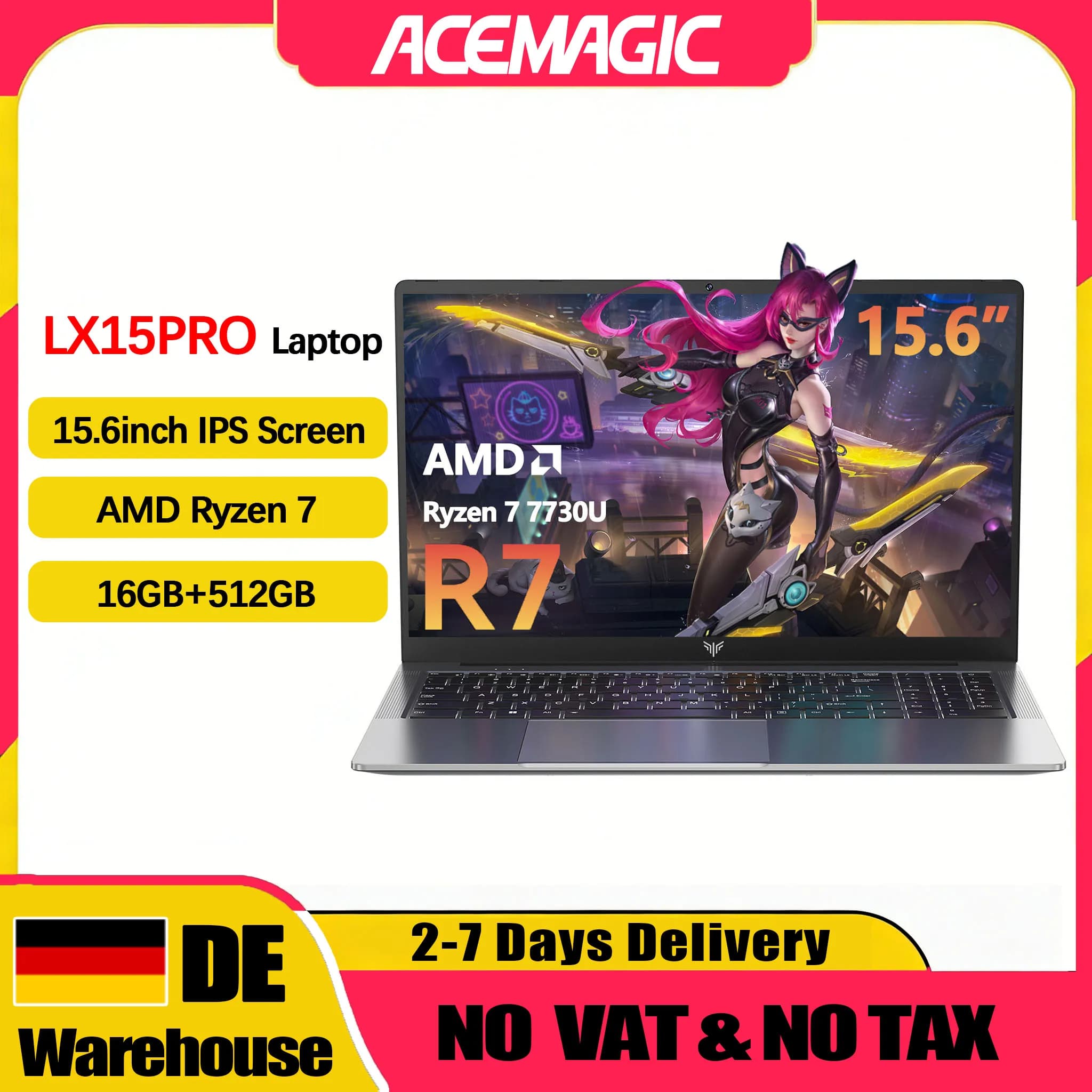 ACEMAGIC LX15PRO Laptop Computer AMD Ryzen 7 7730U Windows Laptop 15,6-inch IPS 16GB DDR4 512GB NVMe SSD Numeriek Toetsenbord