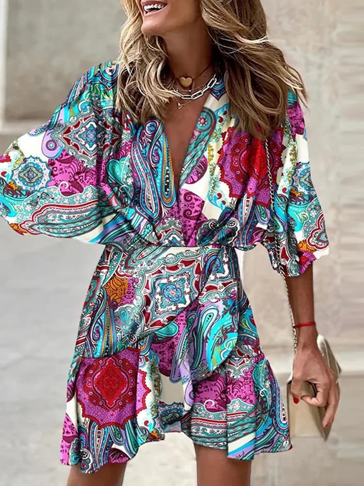 Elegante V-hals Lace Up Gedrukt Jurk Vrouwen Korte Mouw Mini Jurk Vrouwen Mode Ruches Ontwerp Zomer Bloem Vrouwelijke Vestidos