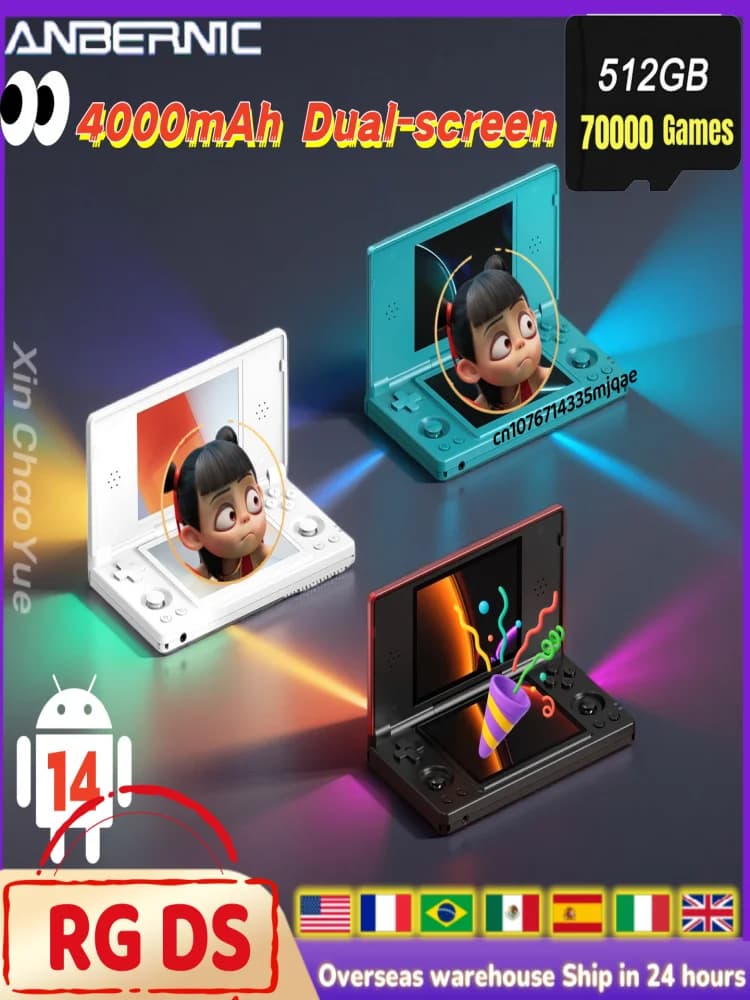 ANBERNIC RG DS Handheld gameconsole 4 "IPS Multi-touch Dual-screen Flip-videogames Speler Android 14 Ondersteuning RixelHK Wifi RGDS