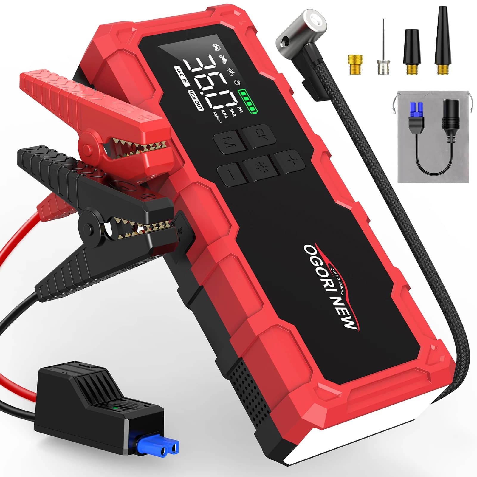 Jump Starter met luchtcompressor 150PSI, 8000/9000A draagbare auto-accu-booster (alle gas/16L diesel)