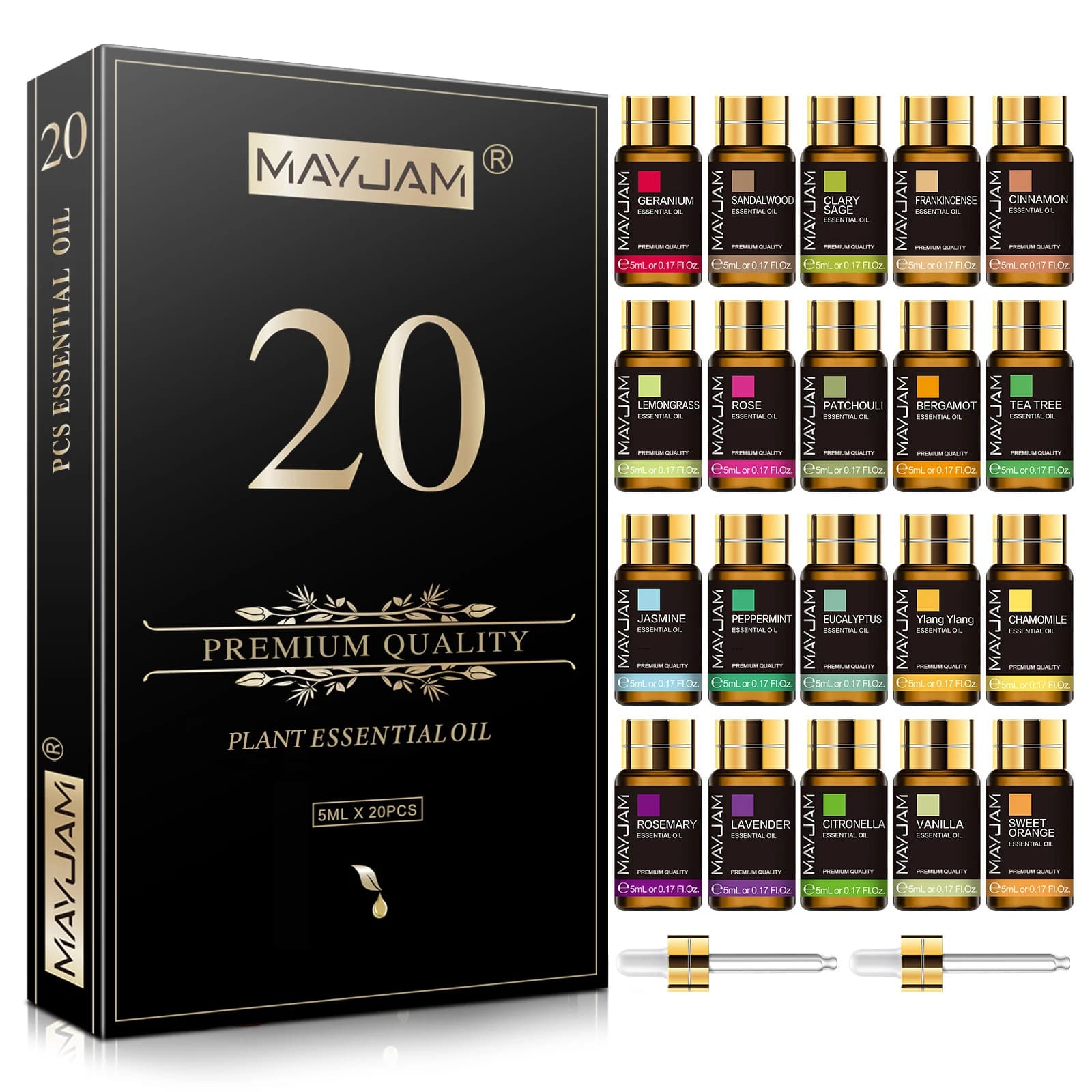 MAYJAM 20 Flessen Essentiële Oliën Kit Set Lavendel Jasmijn Eucalyptus Vanille Sandelhout Zoet Oranje Geranium Patchouli