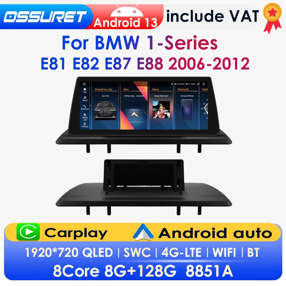 OSSURET 10.25" 2din Android 13 autoradio voor BMW 1-serie E81 E82 E87 E88 2006-2012 Auto Multimedia GPS-speler Draadloze Carplay Android Auto 4G DSP