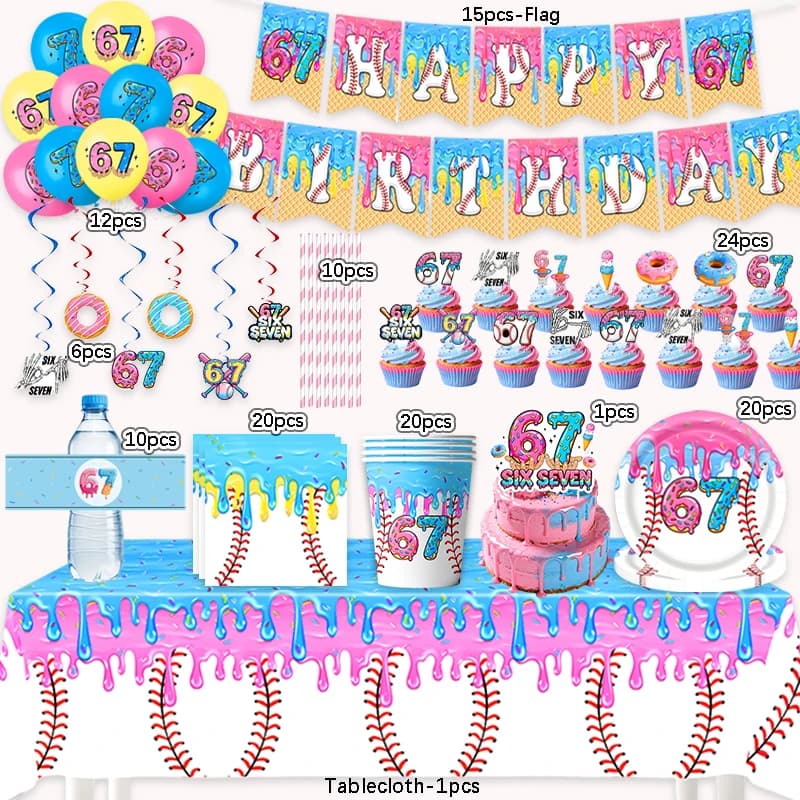 Honkbal 67 Verjaardagsfeestje Decoratie 67 Speler Donut Ijs Wegwerp Servies Plaat Cup Kinderfeest Babyshower Benodigdheden