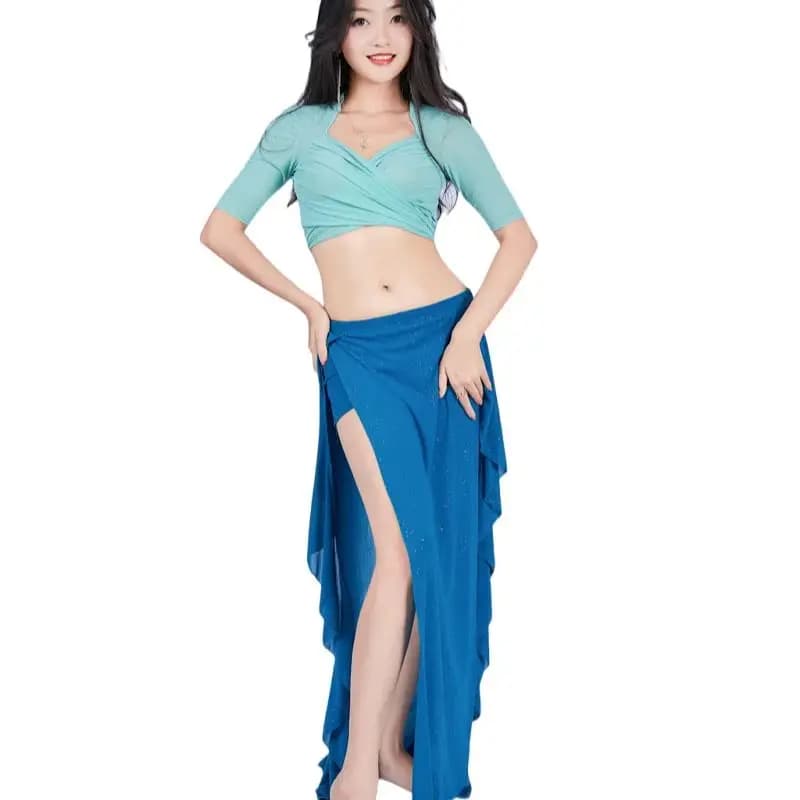 Vrouwen Buikdans Kostuum Pak Sexy Korte Mouw Top Volwassen Prestaties Kleding Beroep Praktijk Gaas Rok Show Outfit Zomer
