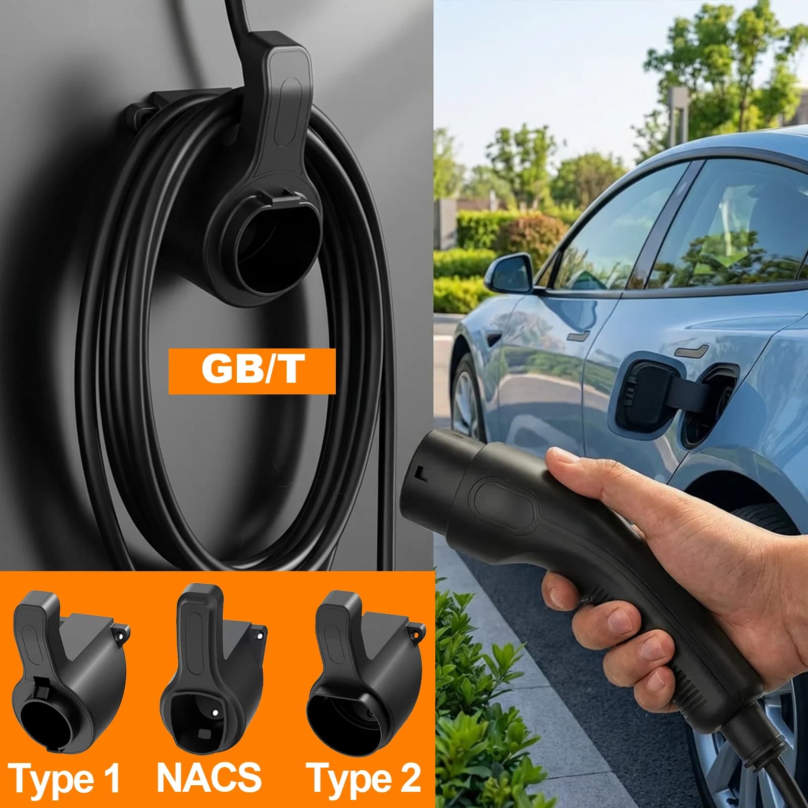 Draagbare EV-laderhouderstandaard — voor TESLA Nacs Type 1 Type 2 GB/T autolader wandbevestiging, autolaadkabelbeugel